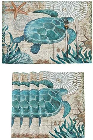 Vvfelixl ウミガメ ビンテージ 世界地図 ヒトデ 1セット プレースマット 18インチ X 12インチ リネン布ナプキン ホリデーパーティー用 黄麻布テーブルマット 耐熱性 ダイニング ホームデコレーション 日常使用に Placemats Set Of 4 Llgp380c415s7