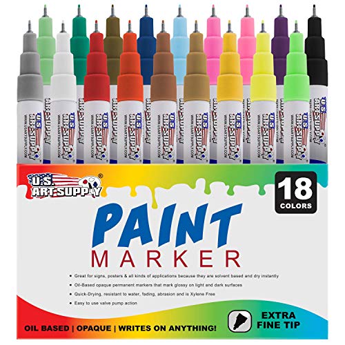 U.S. Art Supply 18 Color Set of Extra Fine Point Tip Oil Based Paint Pen Markers - Permanent Ink That Works on Most Surfaces Glass, Wood, Metal, Rubber, Rocks, Stone, Arts, Crafts & Tools