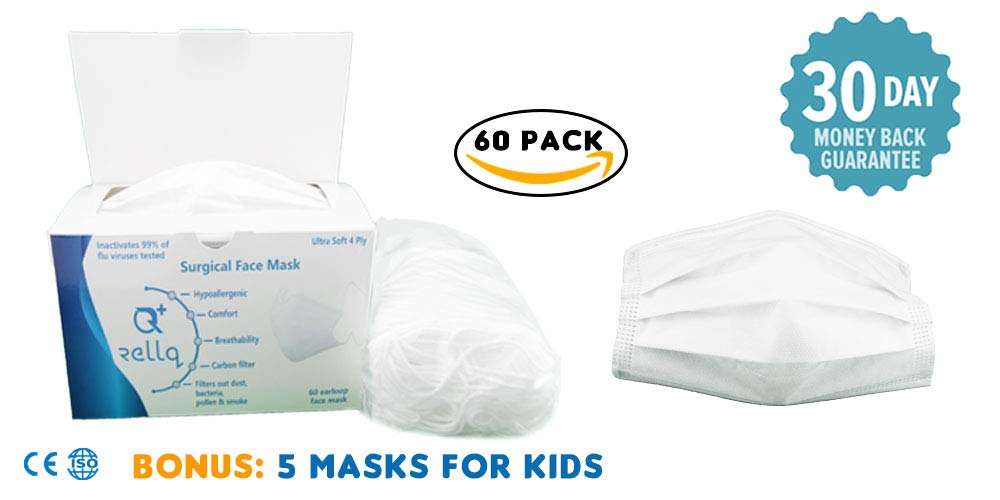 RellQ Disposable Earloop Surgical Mask Medical Dental Face Flu Mask, Premium Soft Four Layer, Hypoallergenic Immune System Protection, 60 PCS + 5 Face Mask for Kids, White