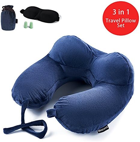 Inflatable Travel Pillow, doocoos Soft Velvet Height-adjustable Super Comfortable U-Shape Pillow protect Head, Neck and Chin, Carry Pouch for Airplanes Car Travel
