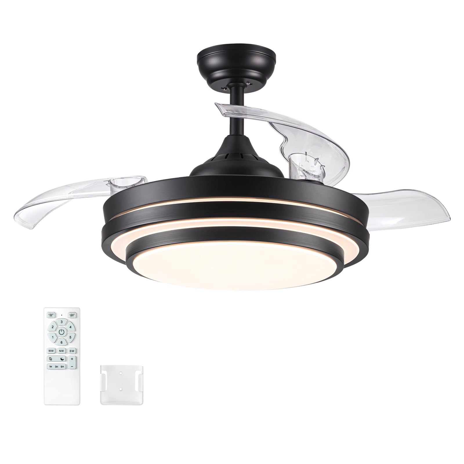 Photo 1 of POCHFAN 42 Inch Retractable Ceiling Fan with Lights Remote Control, Quiet Dimmable Black Modern Fandelier Ceiling Fans for Bedroom Living Room, 3 CCT 6 Speed Reversible