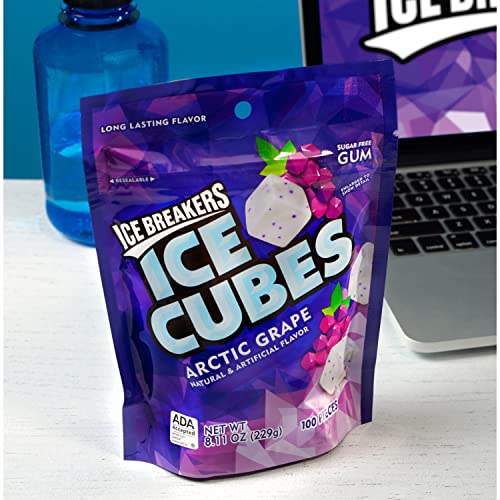 ICE BREAKERS ICE CUBES ARCTIC GRAPE FLAVORED SUGAR FREE CHEWING GUM POUCH, 8.11 OZ (100 PIECES)