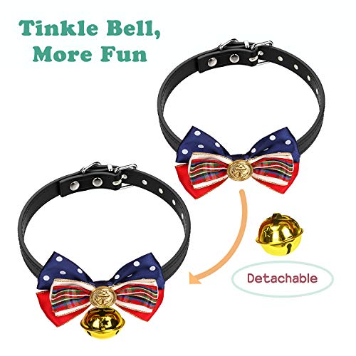 Vavopaw Pet Bowtie Collar, [2 Pack] Puppy Necktie Leather Belt Cute Bowknot Adjustable Small Dog Cat Necklace Collar with Bell Charm, Medium Size - Grid & Stripes - Thumbnail 3