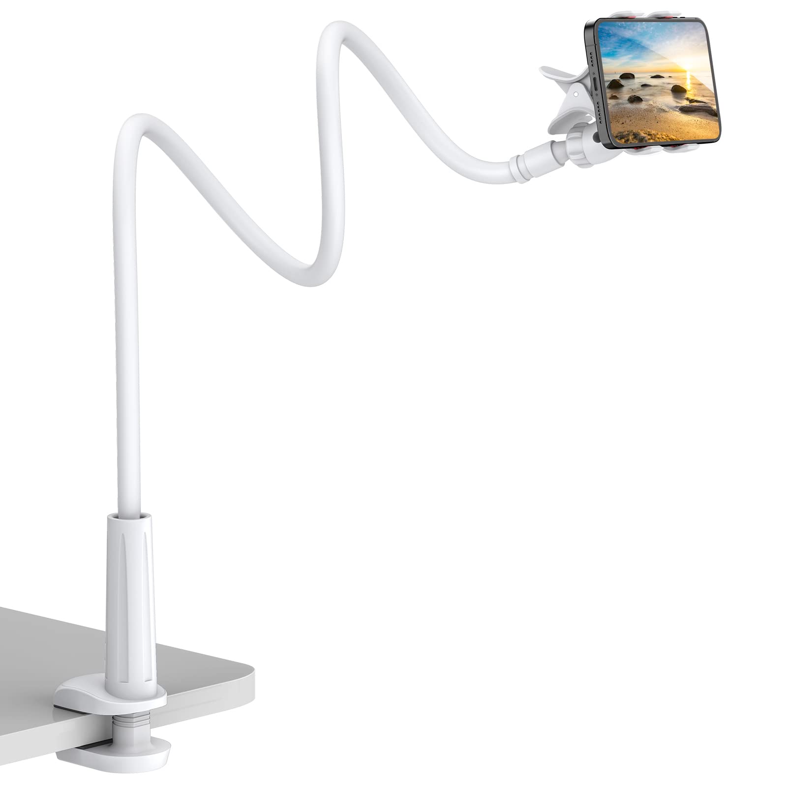 Gooseneck Cell Phone Holder, Universal 360 Flexible Phone Stand Lazy Bracket Mount Long Arms Clamp for Phone 13 Pro Xs Max XR X 8 7 6 6s Plus and Other 3.5~6.7'' Device (White)…