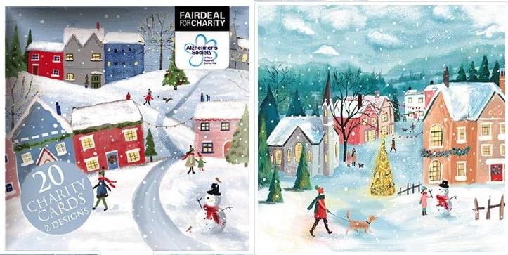 Charity Christmas Cards - (ATBX-0167) - Snowy Village/Snowy Town - Box Of 20 With 2 Designs - In Aid Of Alzheimers Society