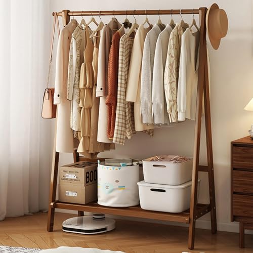 Beauenty Bamboo Clothes Racks, Freestanding Clothing Hanger with Storage Rack, Clothes Hanging Shoe Rack, Coat Organizer for Hotel, Hallway, Bedroom, Office (100x46x144 cm)