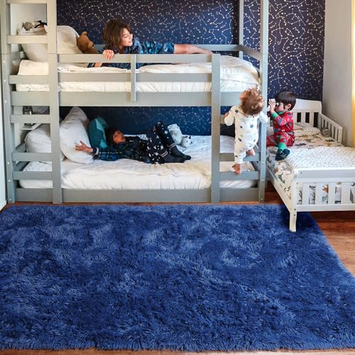 Navy Blue Fluffy Living Room Rugs, Furry Area Rug 5x8 for Bedroom, Shag Rug for Kids Room, Living Room Decor, Fuzzy Carpet for Nursery, Plush Rug for Game Room, Soft Shaggy Rug for Play Room