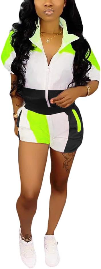 Womens Casual 2 Piece Outfits Patchwork Half Sleeve Jacket Shorts Sets