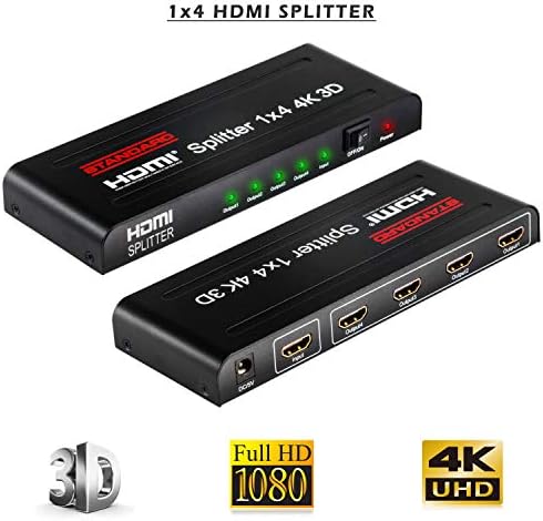 Narken 4 Port (1x4) HDMI Splitters Signal Distributor Ver 1.4b, Supports with Full UHD 4K x 2K, 3D, for HDTV, Blue-ray, Xbox, PC and More
