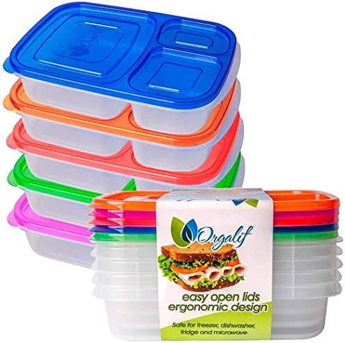 Orgalif Bento Lunch Box Container Food Storage 3-compartment Eco Friendly for Kids, Reusable Lunchbox Made with High Quality Plastic Microwavable Dishwasher Safe Bpa Free Perfect for School and Office (Set of 5)