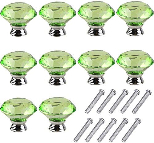 10pcs 40mm Glass Clear Cabinet Knob Drawer Pull Handle Kitchen Door Wardrobe Hardware Used for Cabinet, Drawer, Chest, Bin, Dresser, Cupboard, Etc (Green)