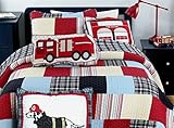 Cozy Line Home Fashions Cars Patchwork Bedding Quilt Set for Boy, 100% Cotton Navy/Blue/Red Grid Stripe Printed Reversible Bedspread Coverlet for Kids(Thomas Firetruck Patchwork, Twin - 2 Piece)