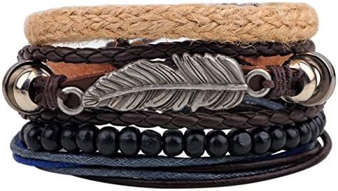 Bluegrass Charm Leaf Bracelet Cuff,Multilayer Leather Braided Beaded Rope Wristband