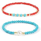 Opalencian Turquoise Red Round Beaded Bracelet Set for Women,Pearl Charm Gemstone Bangles Boho Stretch Jewelry Gifts