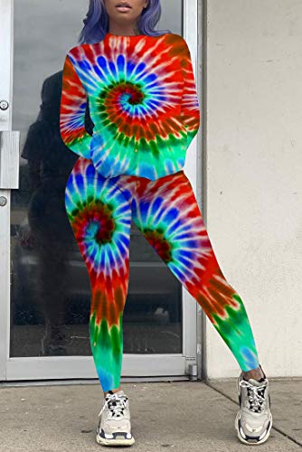 Womens Two Piece Outfit Plus Size Tracksuit Tie Dye Shirt Long Jogger Sportswear Set Activewear Red L - Thumbnail 3