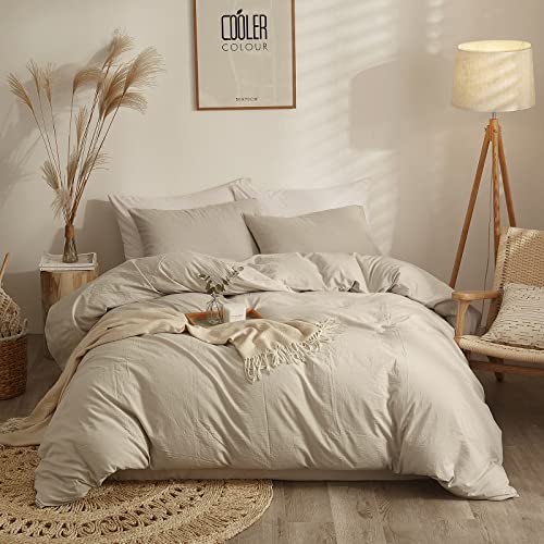 AMWAN Modern Soft Beige Duvet Cover Twin - Washed Cotton Boho Comforter Cover 3 Piece Simple Style Bedding Set With 2 Pillow Shams, No Comforter