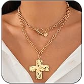 Atiptu Gold Chunky Cross Necklace for Women Statement Cross Pendant Necklace Layered Hammered Bold Cross Necklace Vintage Toggle Clasp Necklace Jewelry
