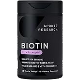 Sports Research® Biotin 5,000mcg with Organic Coconut Oil - Biotin (Vitamin B7) for Healthy Skin and Hair Support* - for Women and Men - Vegan, Non-GMO, Gluten & Soy-Free - 120 Veggie Softgels