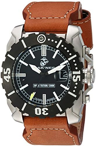 USMC Wrist Armor Men's 'C2' Swiss Quartz Stainless Steel and Leather Watch, Color:Brown (Model: 37WA0122L01A)