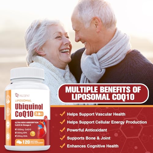 1000mg Liposomal CoQ10 Ubiquinol with Omega-3 Softgels, Advanced Coenzyme Q10 High Strength & Absorption, Naturally Fermented CoQ10 Supplement for Antioxidant, Heart & Energy Support - 120 Count