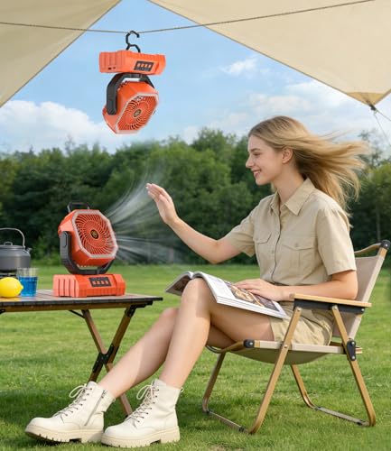 Portable Camping Fan with LED Light USB Rechargeable Fan 20000mAh - Battery Operated Silent Fan for Tent Travel Office Car - Mini Portable Fan with Hook and Base