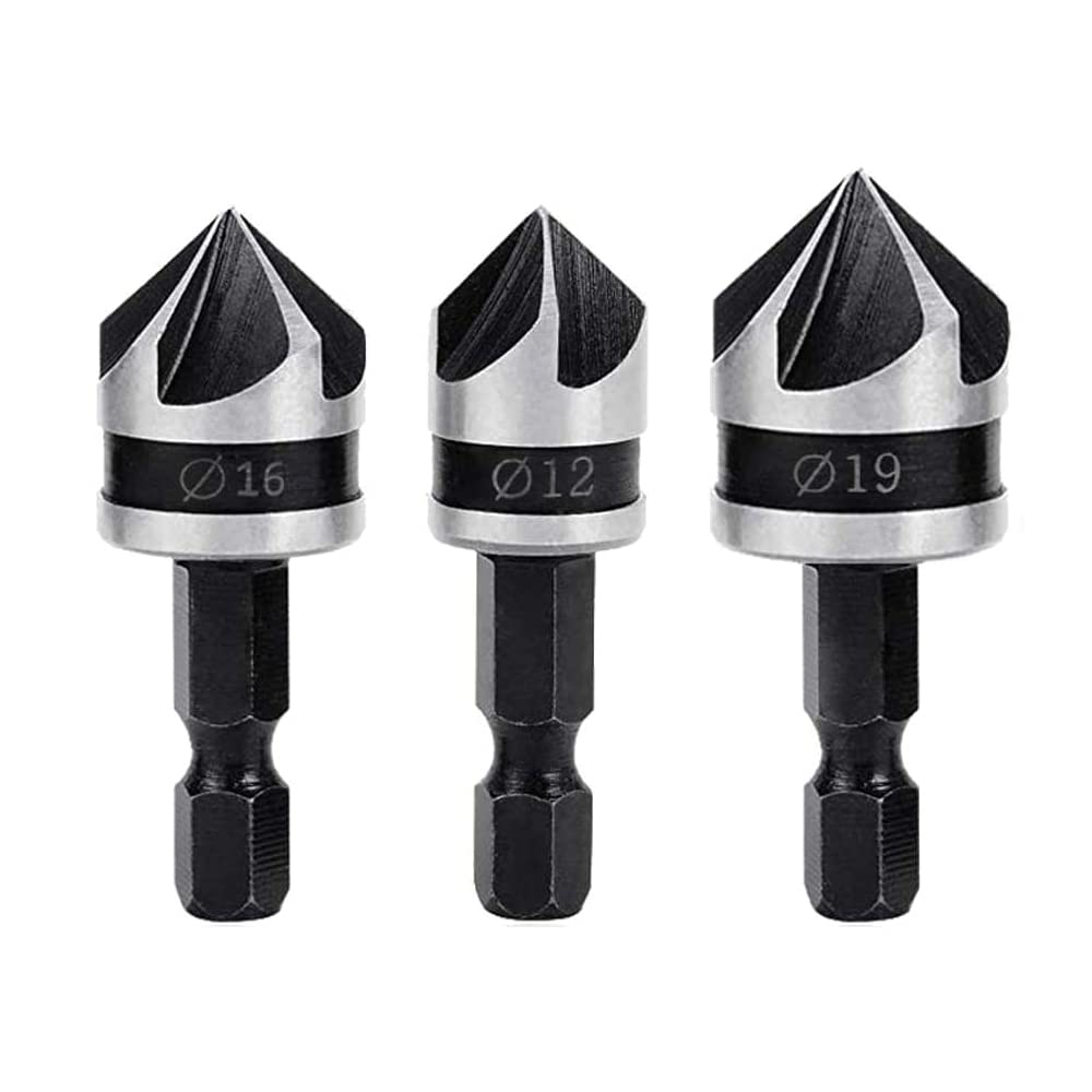 Bestgle 3pcs 1/4 Inch Shank Countersink Drill Bit Set, 5 Flute 90° Chamfering Cutter, High Carbon Steel Chamfer Tapered Bits for Woodworking & Metalworking, 12mm 16mm 19mm