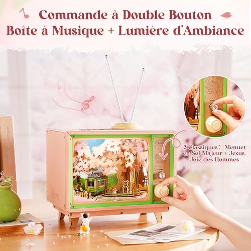 Rolife 3D Anime Sakura Tram TV Decor Jigsaw Puzzle Wooden Model 283 Pieces - Wooden Model Building with Mobile Tram & LED, Cherry Blossom Scene, Gift for Construction & Home