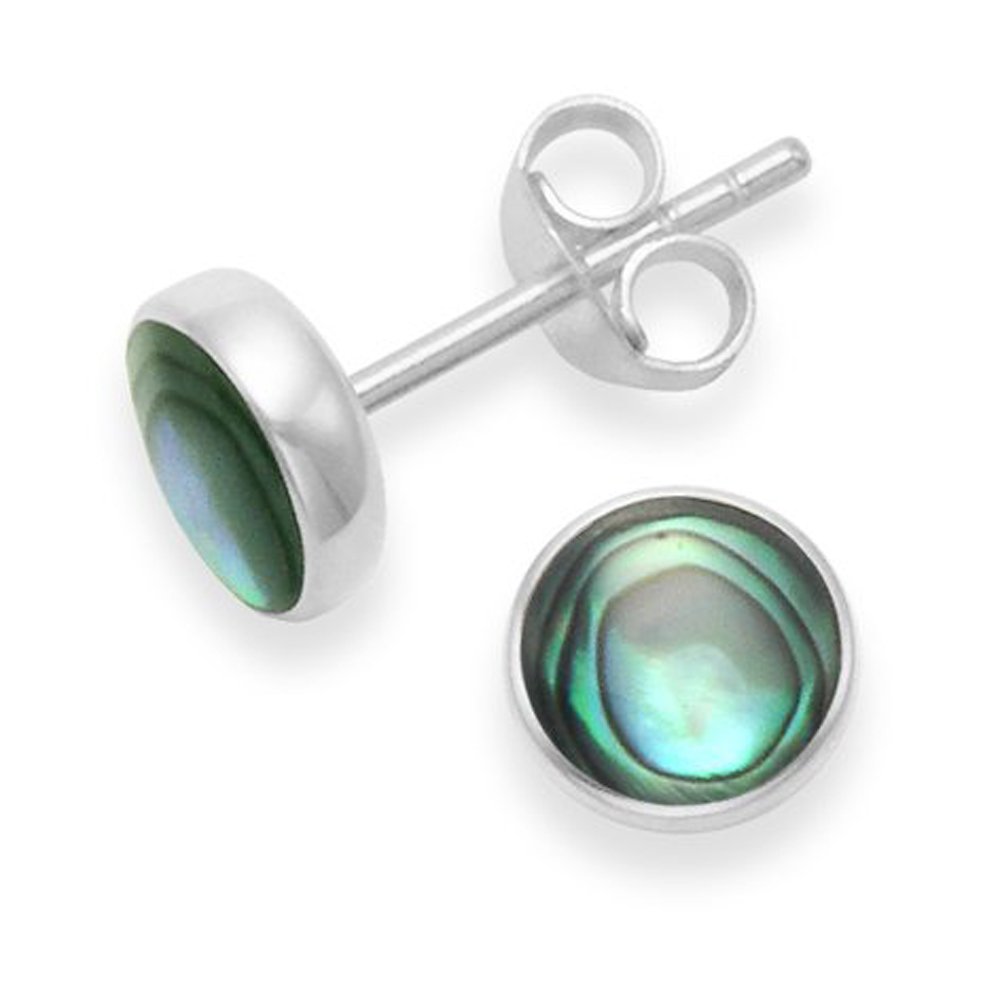Sterling Silver Paua Shell Earrings - 7mm round Paua Shell stud Earrings with flat solid silver back. Gift boxed 5798PS