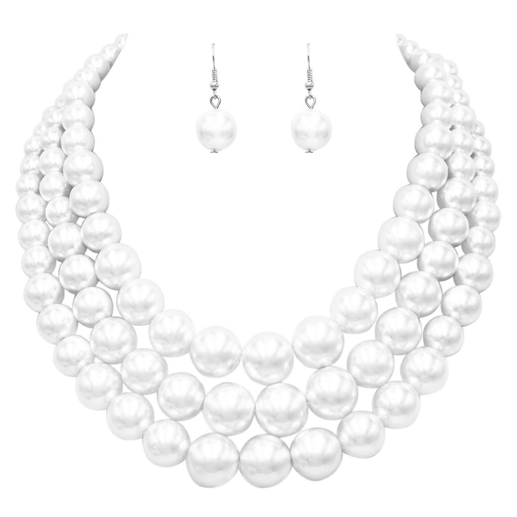 Rosemarie & Jubalee Women's 3 Colorful Multi Strands Simulated Pearl Necklace And Earrings Jewelry Gift Set, 18"+3" Extender, 18 inches, Metal Glass, beads