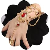 Xerling Gold Boho Bracelet Red Crystal Finger Ring Hand Harness Slave Bracelets for Women Bohemian Link Bracelet Tassel Hand Chains Open Cuff