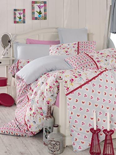 Mary Case - Emma - High Quality Ranforce 100% Cotton Duvet Cover Set - Made in Turkey - Extra Smooth - Full-Queen(4 pieces) / Twin size(3 pieces) - Spring themmed unique item, Queen size pink