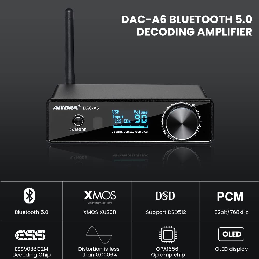 AIYIMA DAC A6 Bluetooth DAC Decoder 32 bit/768kHz DSD512 Support LDAC/aptX-HD with OLED Display Remote Control for Speaker Amplifier