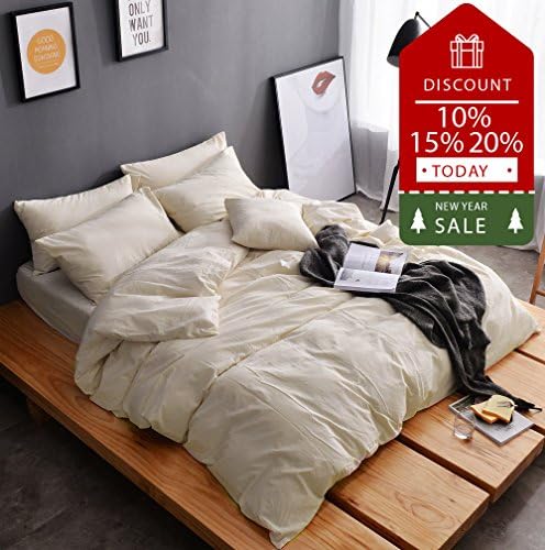 AMWAN Solid Beige White Duvet Cover Queen Full Bedding Sets Soft Washed Cotton Comforter Cover Set Hotel Quality Luxurious Bedding Collection 1 Duvet Cover 2 Pillowcases Queen Bedding Cover Sets