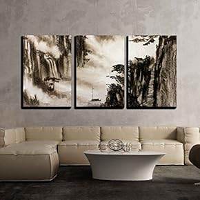 3 Piece Canvas Wall Art - Mountain Fog and a Hut on The Mountain - Modern Home Art Stretched and Framed Ready to Hang - 16"x24"x3 Panels