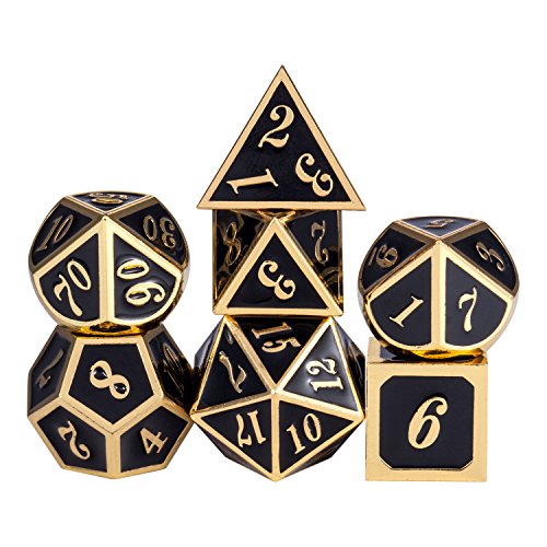 DNDND Metal Dice Set D&D, 7 die Metallic Polyhedral Dice Set with Gift Metal Box and Gold Number for DND Dungeons and Dragons Role Playing Games (Black and Gold)
