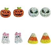4 Pairs Halloween Shiny Stud Earrings for Women Cute Lightweight Glitter Acrylic Pumpkin Skull Ghost Monster Earrings Fall Halloween Party Jewelry Gift