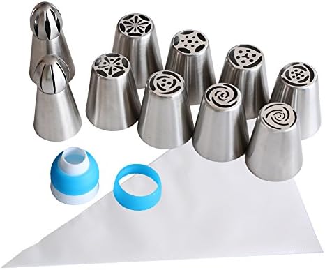 Chiyan Russian Piping Tips17-Pcs Set (8 Russian Tips 5 Disposable Pastry Bags 2 Tri-Color Coupler+2 Sphere Ball Tips)