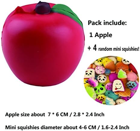 Yeng 1 Piece Kawaii Red Apple Slow Rising Squishy Fruit Cellphone Charms Stress Relief Toys + 4 Mini Random Squishies