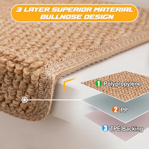 Hopeviva Bullnose Carpet Sisal Stair Treads | Set of 14 | Stair Treads for Wooden Steps Indoor Anti Slip Braided Staircase Protector Pet Friendly Rugs Covers Washable 9.44" X 29.5"x 1.9",Golden | Set of 14 Anti Slip Indoor Staircase Protector Rugs Covers, Polypropylene Braided Carpet Treads 9.44" x 29.5"x 1.9", Golden