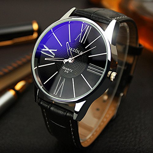 OWMEOT Watch Luxury Fashion Faux Leather Mens Quartz Analog Watch Watches (Black) - Thumbnail 2