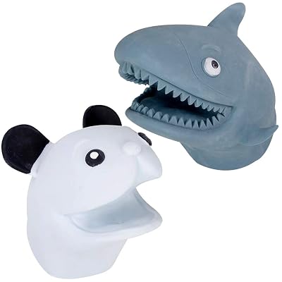 ArtCreativity Shark and Panda Rubber Hand Puppets for Kids, 2 Pack, Super Stretchy Animal Puppet Set, Wildlife and Zoo Birthday Party Favors, Goodie