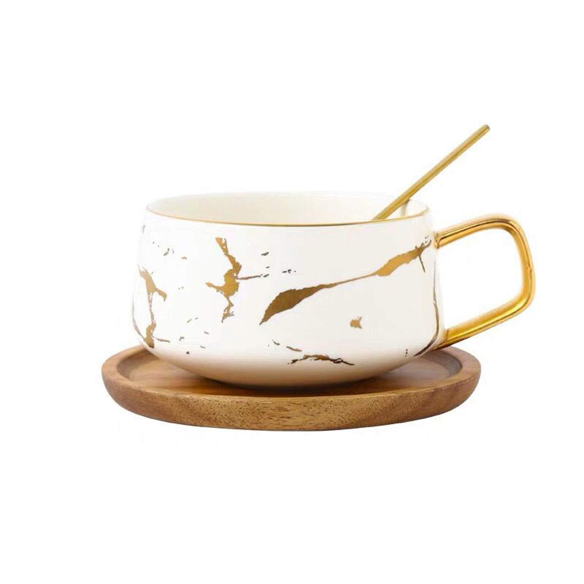 Eplze YBK Tech Porcelain Tea Cup Coffee Mug Set for Afternoon Tea - Marble Pattern (White, Short 300ml + Wood Saucer) — image 1