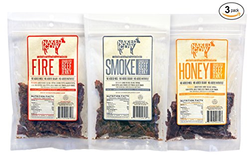 UPC 638317781314, Naked Cow All Natural Grass Fed Beef Jerky - SAMPLER includes ONE (1) bag of HONEY, FIRE and SMOKE