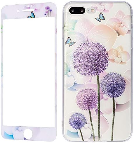 Wafly iPhone 7 Plus Silicone Case with Tempered Glass Screen Protector, iPhone 8 Plus Case Dandelion Slim Soft Full Protective Bumper Cover for iPhone 8 Plus/7 Plus, 5.5”-Women Girls