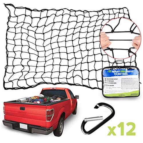 Angooni 4' x 6' Heavy Duty Cargo Nets for Pickup Trucks - Stretches to 8'x12', 4"x4" Mesh Holes Bungee Truck Bed Net with Premium Carabiners Clips