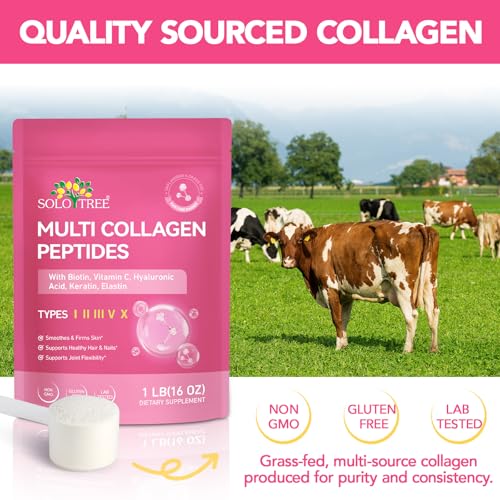 Multi Collagen Peptides Powder, 1 lb Unflavored Hydrolyzed Collagen Types I, II, III, V, X，16 oz (41 Servings)-Hyaluronic Acid Power,Grass Fed Collagen Supplements for Women and Men, Non GMO