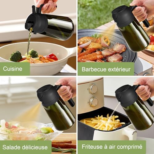 470 ml pulvérisateur d'huile foncé anti-lumière de cuisson 2 en 1 flacon de qualité alimentaire Bouteille en verre vert de pour la cuisine (noir)