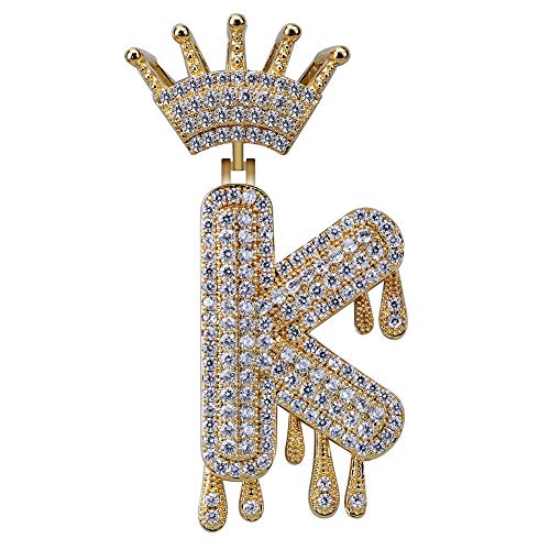 HECHUANG Micropave Simulated Diamond Iced Out Crowned Initial Dripping Letters Pendant Rope Chain (Gold K, 24)