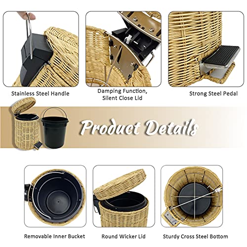 Wicker Trash Can with lid Bathroom, Rattan Step Trash Can for Kitchen Home, 5 Liter Silent