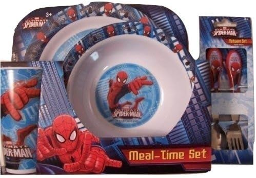 Marvel Ultimate Spiderman 5 Piece KCARE Dining Set ~ Plate, Bowl, Cup, Fork, Spoon (Spidey on Blue)